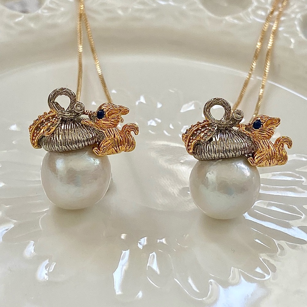 P71-Handmade Edison Pearl Squirrel Acorn Pendant+Chain